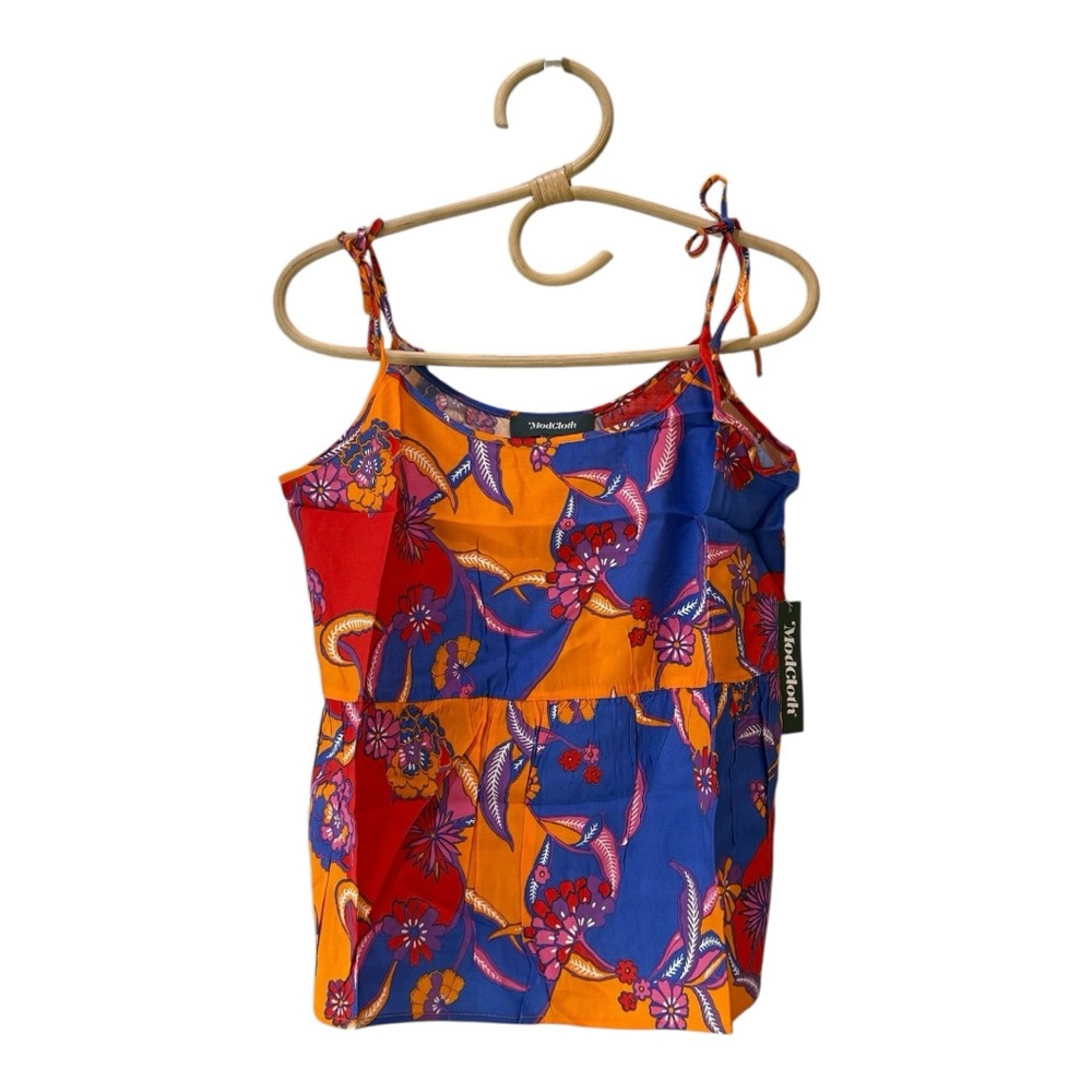 Modcloth Orange, Blue & Red Floral Tie-Shoulder Camisole